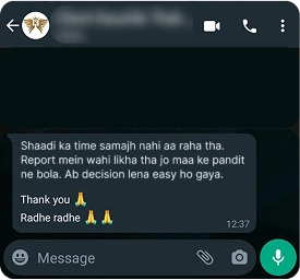 Customer WhatsApp testimonial screenshot for Perfect Timing astrology report