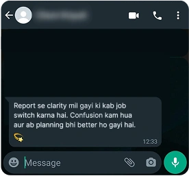Customer WhatsApp testimonial screenshot for Perfect Timing astrology report